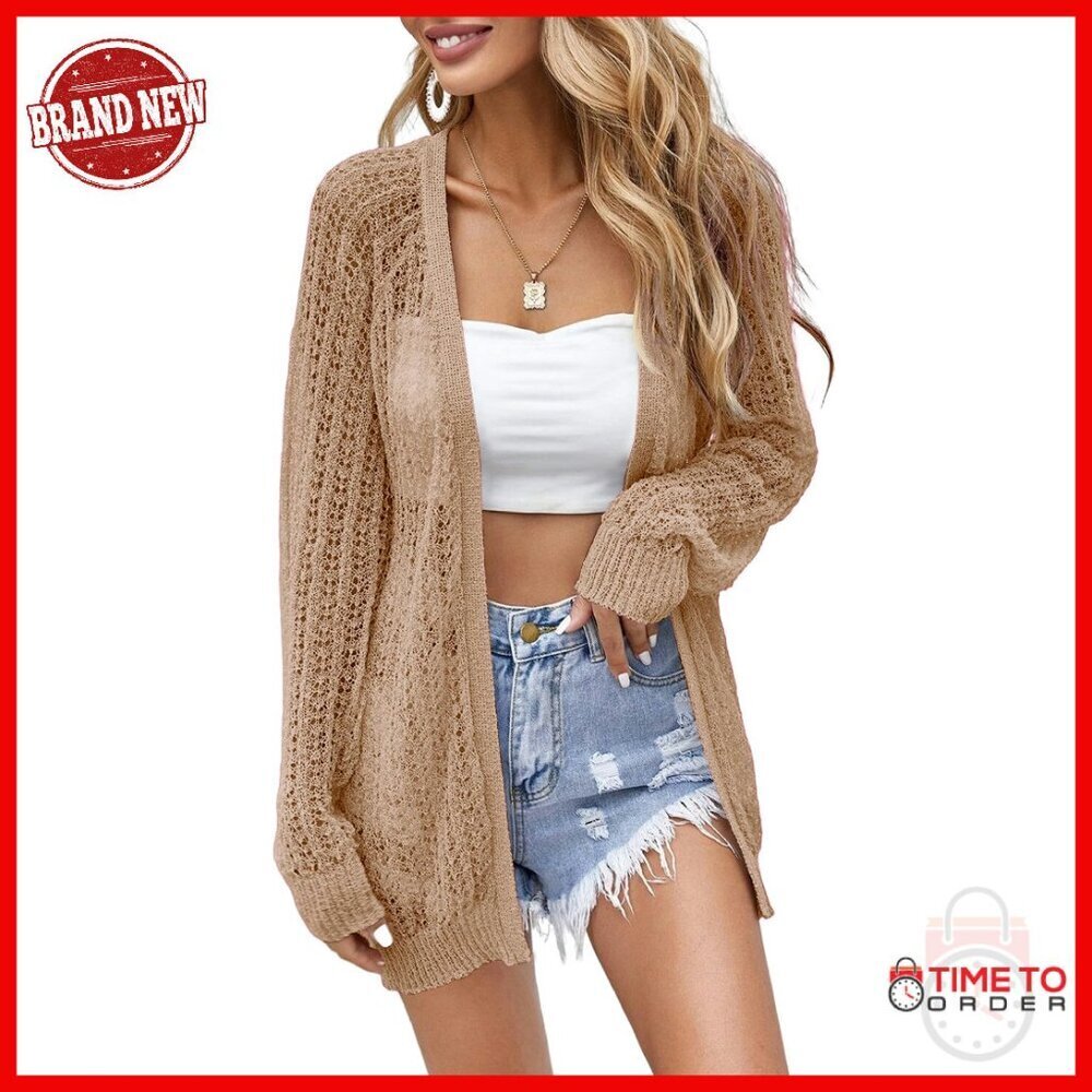 Lightweight Crochet Cardigan Open Front Long Sleeve Cover Up Sweater